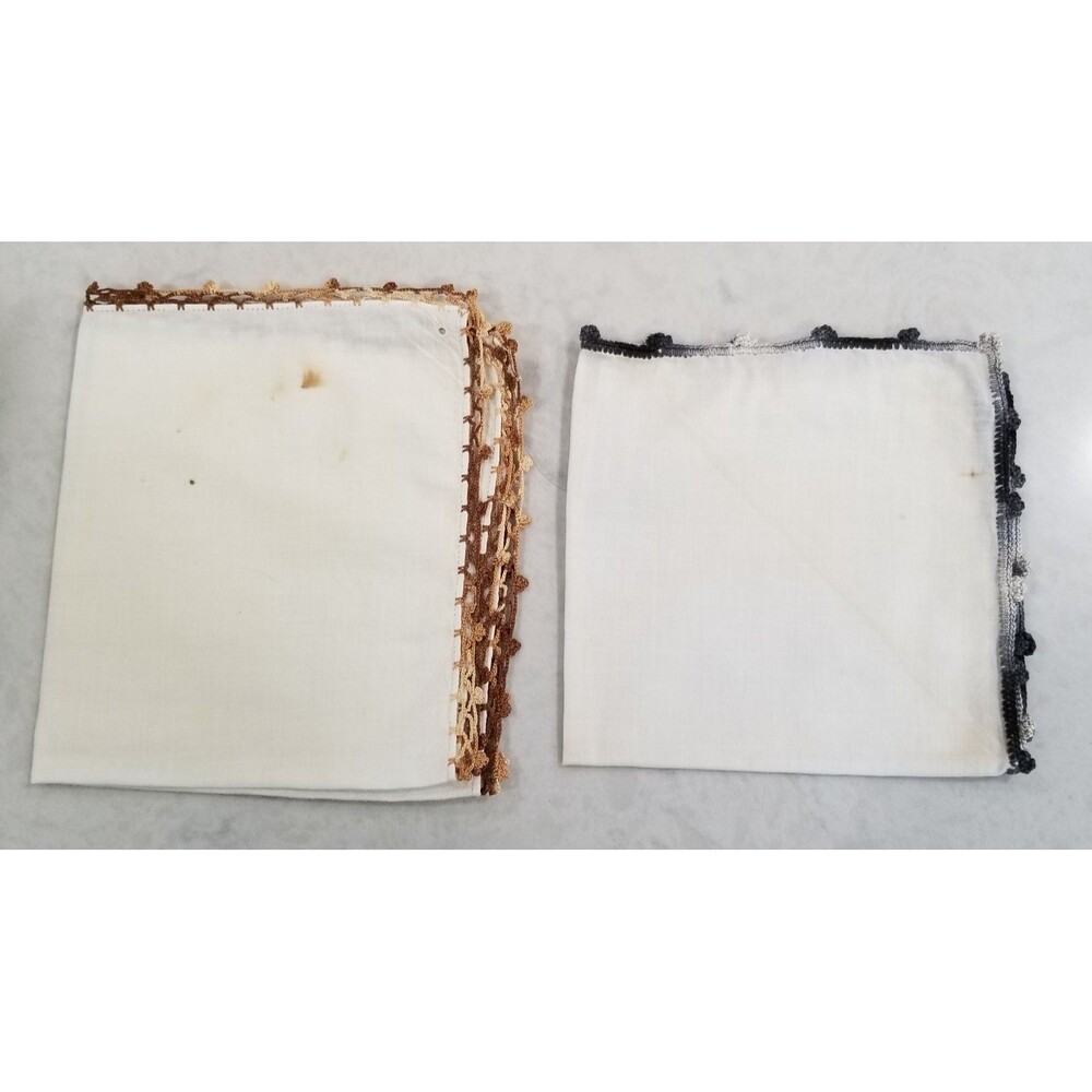 Vintage Handmade Crochet Lace Trim White Cotton Handkerchiefs Set of 2